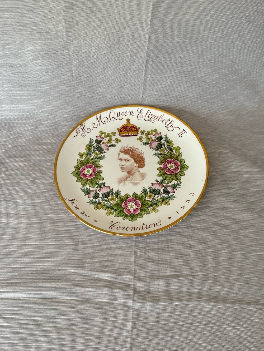 Commemorative Coronation Queen Elizabeth Plate - White with Pink & Green Accents